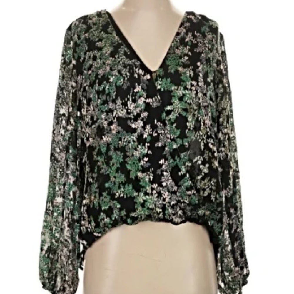 White House Black Market Black V-Neck Blouse with Green & Silver Floral Print
